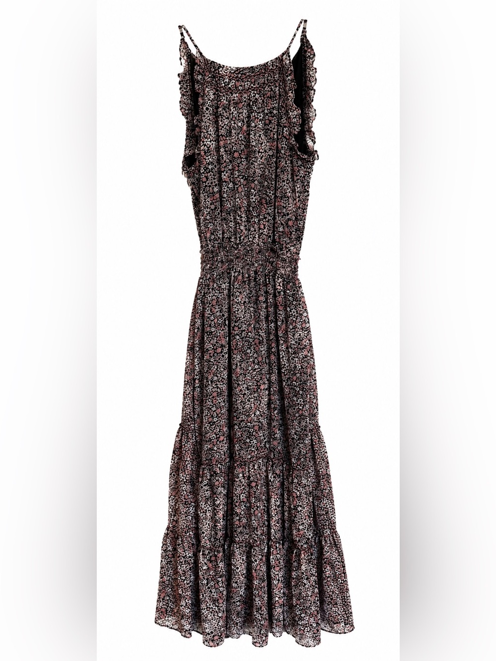 Max Studio Floral Maxi Dress Small Smocked Waist Tiered Ruffle Boho